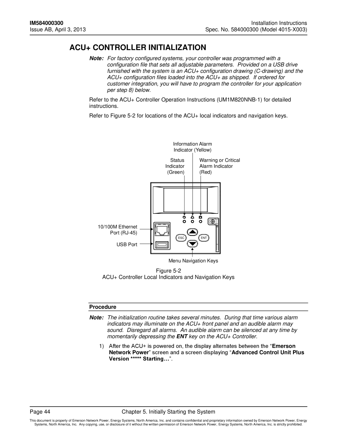 Emerson 4015 ACU+ Controller Initialization, ACU+ Controller Local Indicators and Navigation Keys, Version ***** Starting… 