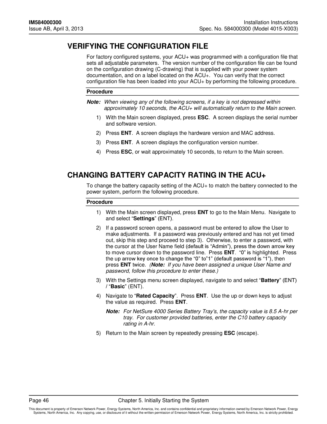 Emerson 4015 installation instructions Verifying the Configuration File, Changing Battery Capacity Rating in the ACU+ 