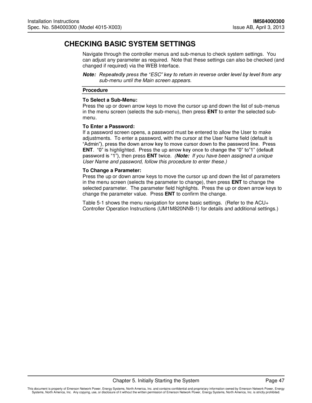 Emerson 4015 Checking Basic System Settings, Procedure To Select a Sub-Menu, To Enter a Password, To Change a Parameter 