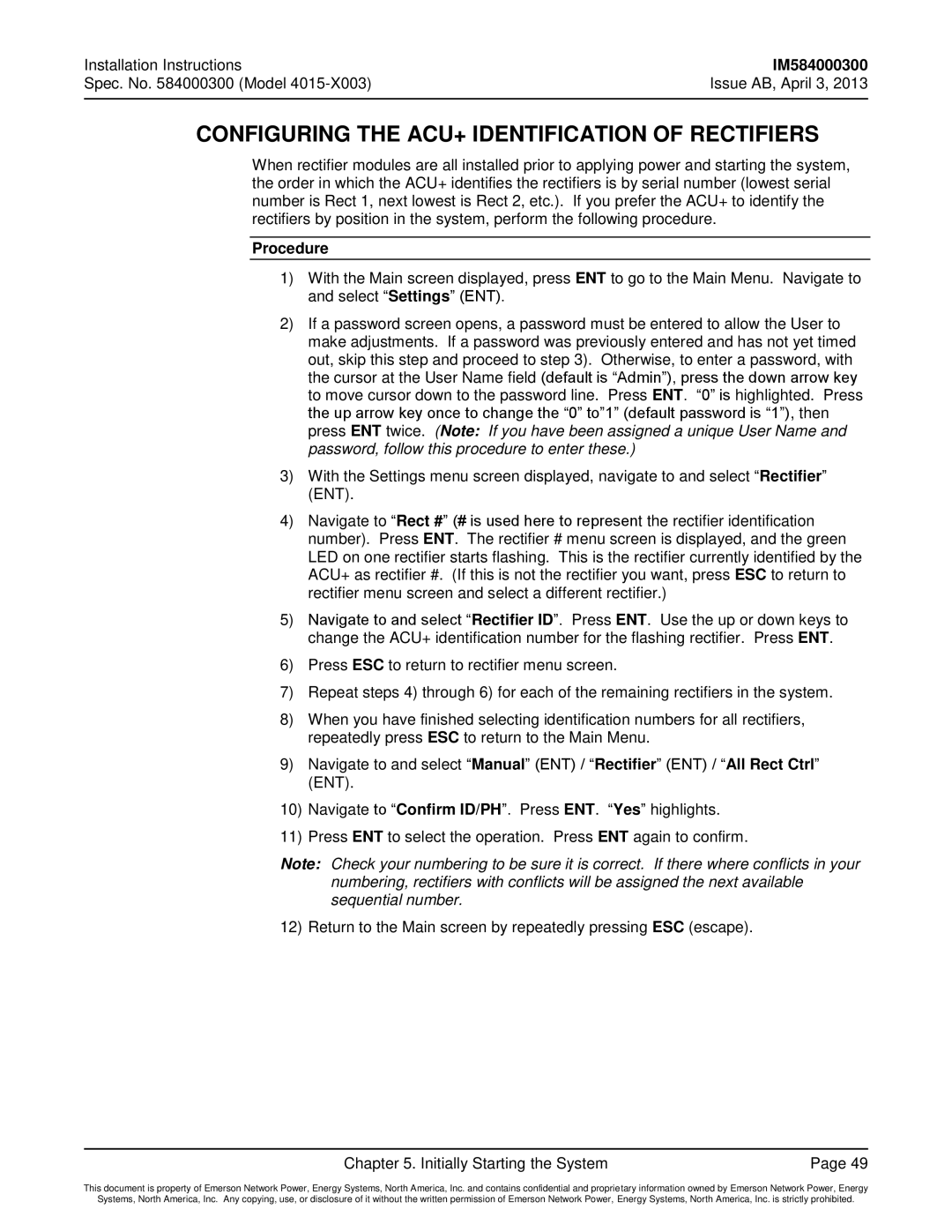 Emerson 4015 installation instructions Configuring the ACU+ Identification of Rectifiers, Procedure 