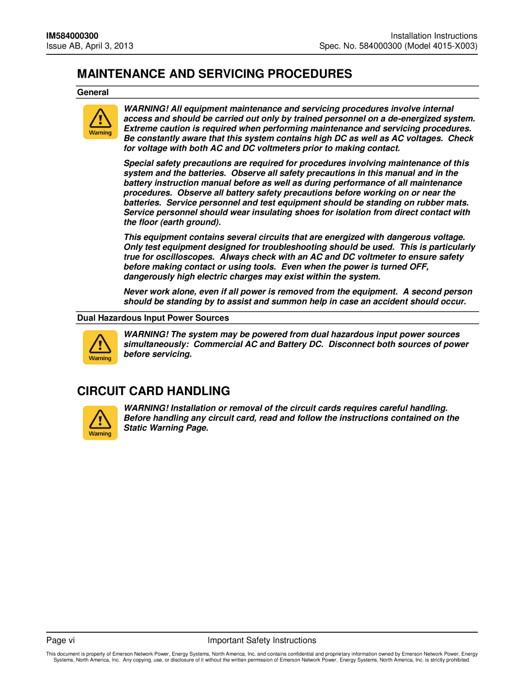 Emerson 4015 Maintenance and Servicing Procedures, Circuit Card Handling, General, Dual Hazardous Input Power Sources 