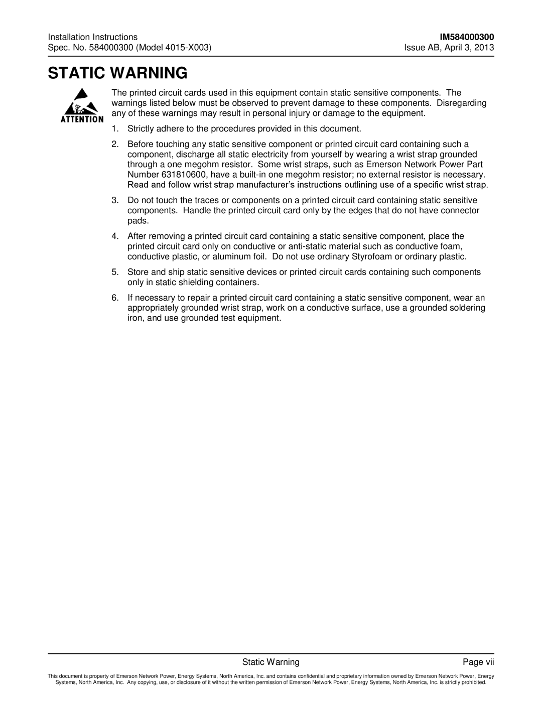 Emerson 4015 installation instructions Static Warning 