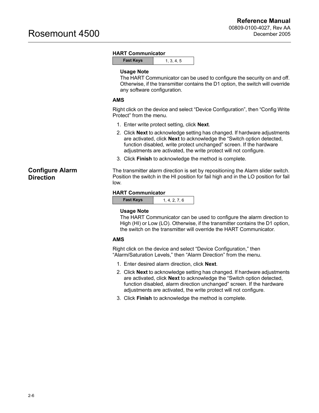 Emerson 4500 manual Configure Alarm Direction, Ams 