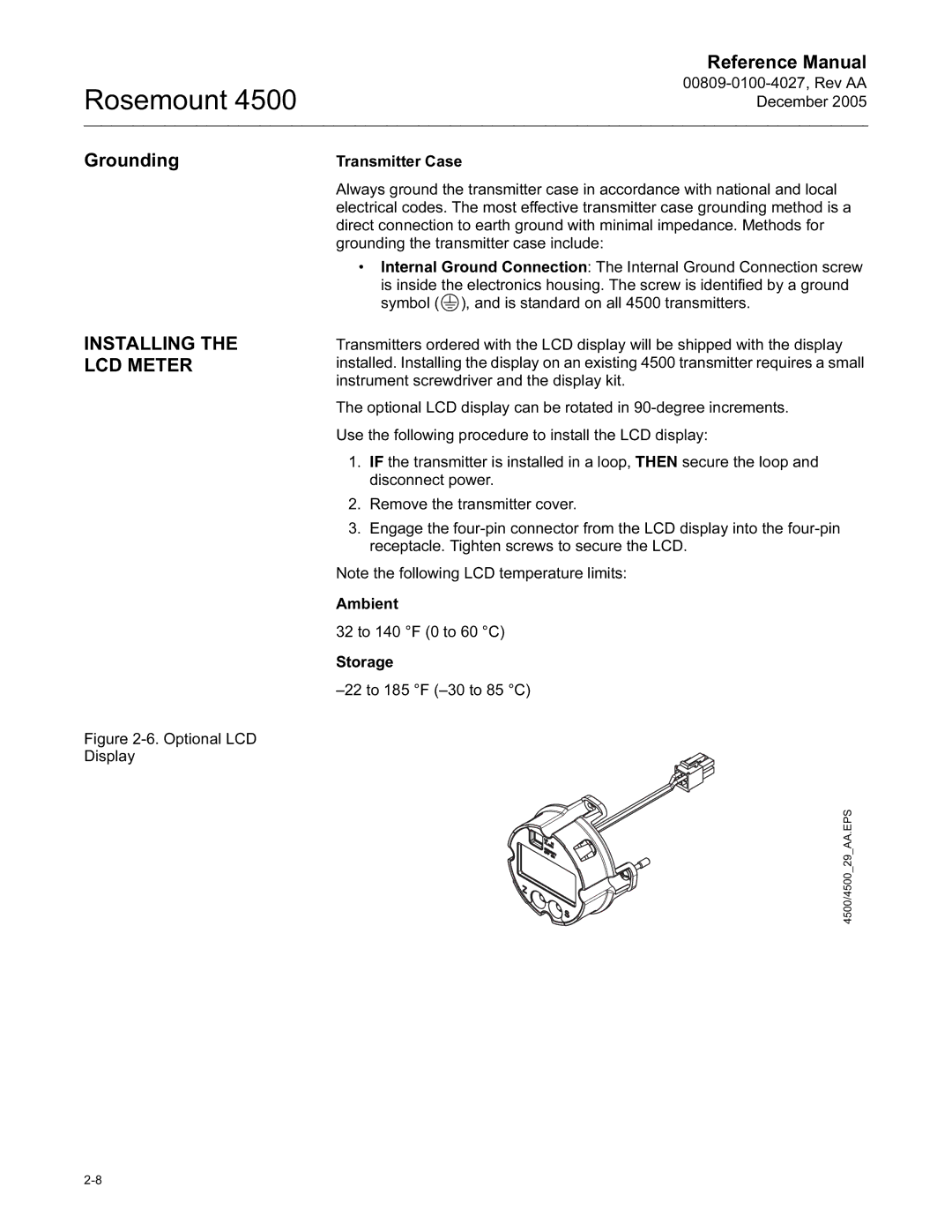 Emerson 4500 manual Grounding, Installing the LCD Meter 