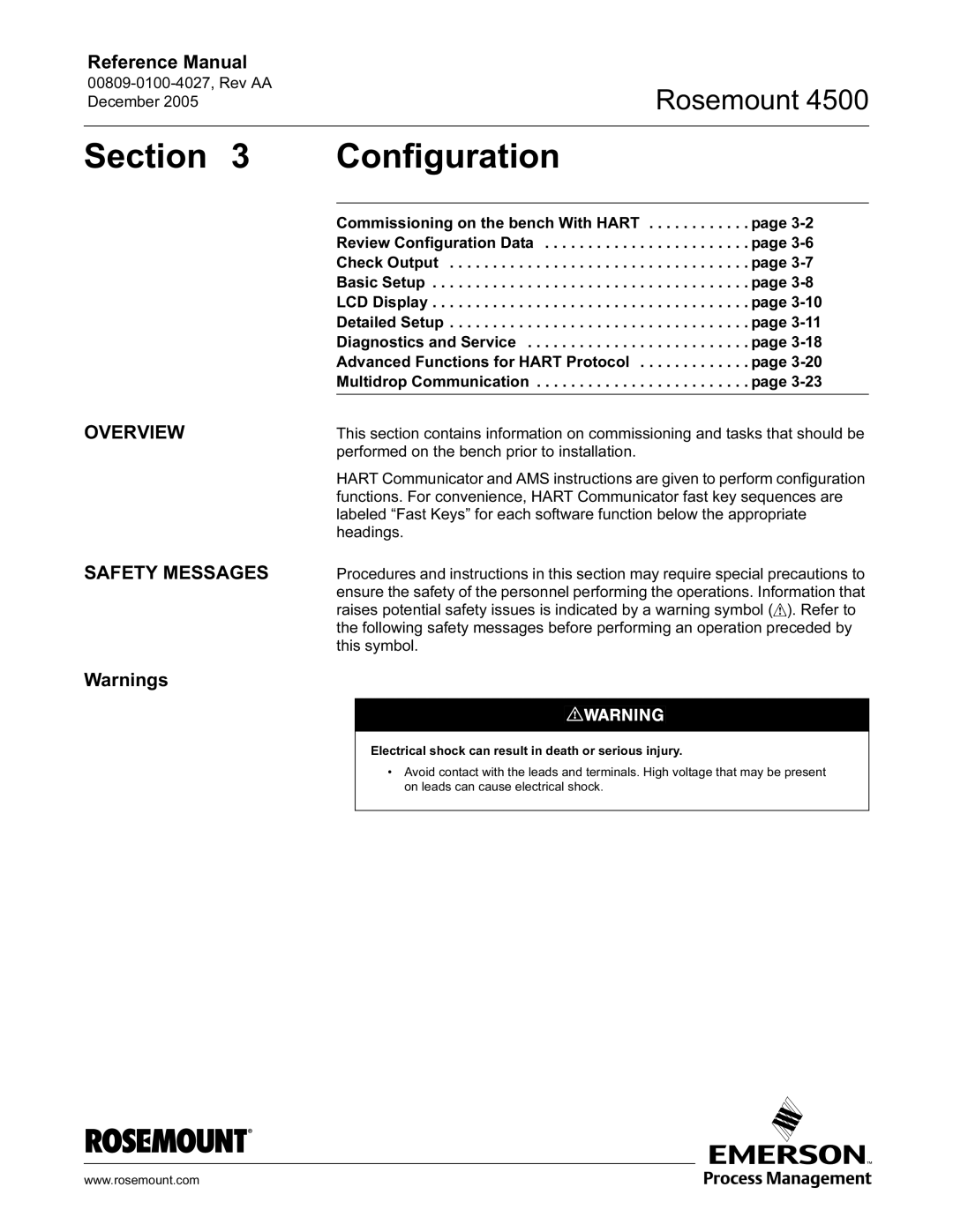 Emerson 4500 manual Section Configuration, Overview Safety Messages 