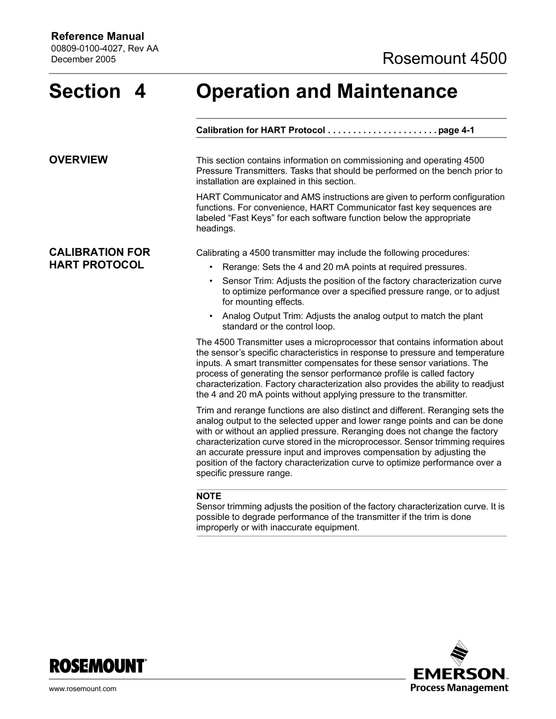 Emerson 4500 manual Operation and Maintenance, Overview Calibration for Hart Protocol 