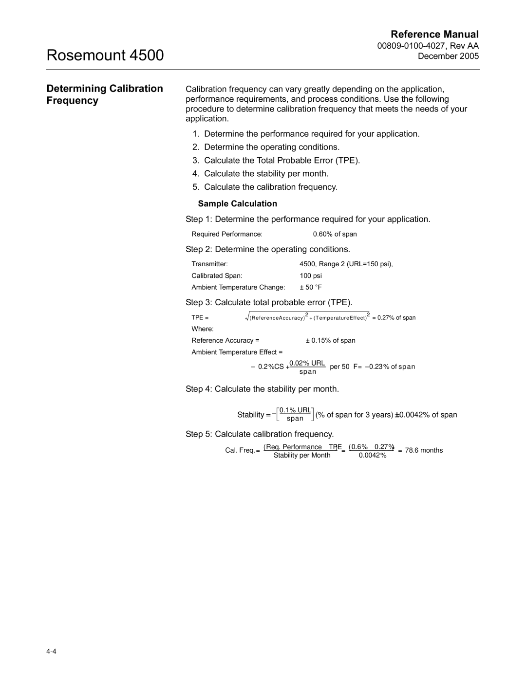 Emerson 4500 manual Determining Calibration Frequency, Calculate total probable error TPE 