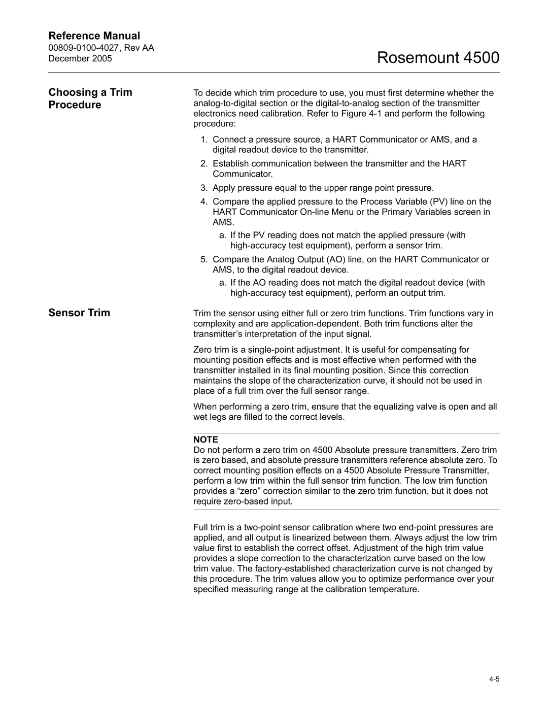 Emerson 4500 manual Choosing a Trim Procedure Sensor Trim 