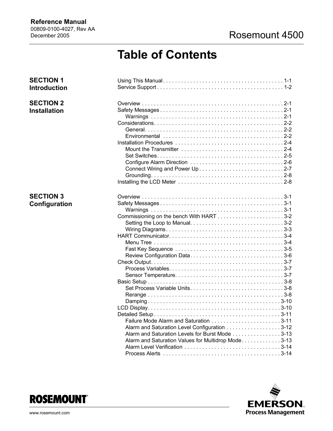 Emerson 4500 manual Table of Contents 