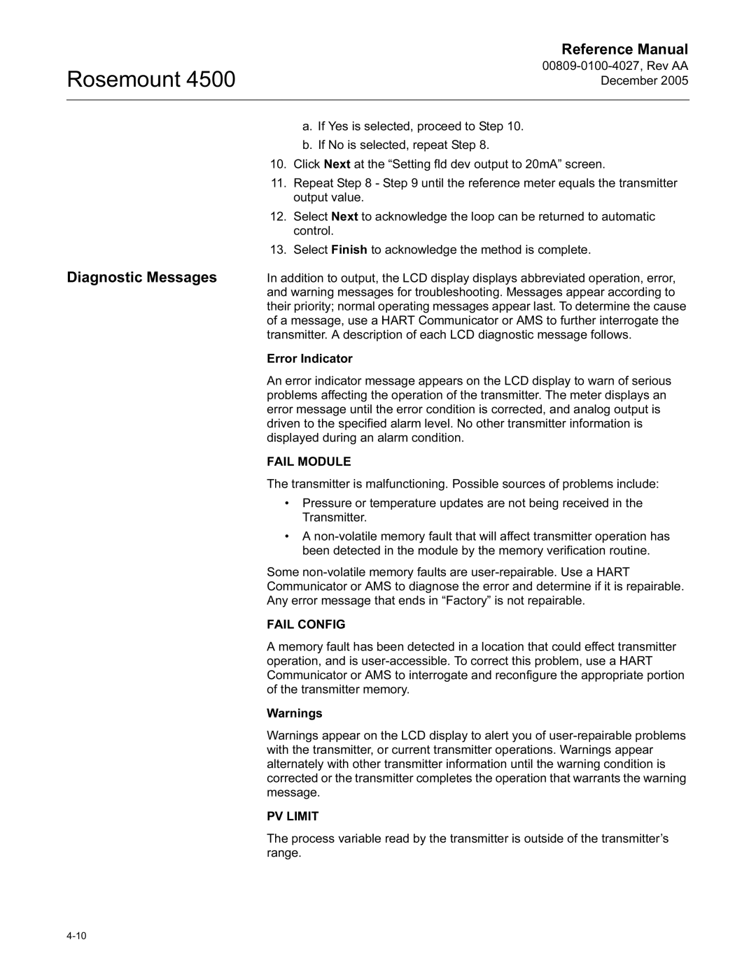 Emerson 4500 manual Diagnostic Messages, Fail Module 