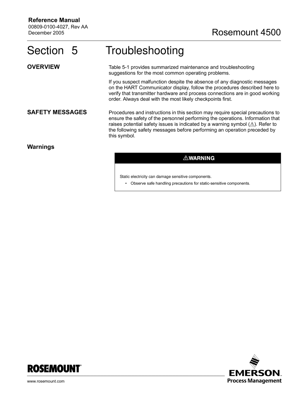 Emerson 4500 manual Troubleshooting, Overview Safety Messages 