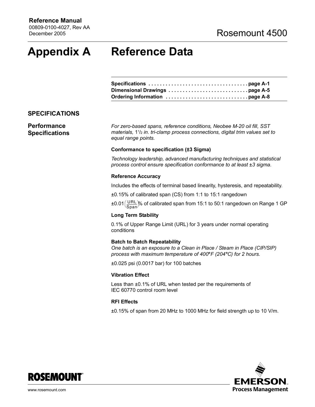 Emerson 4500 manual Appendix a Reference Data, Performance Specifications 