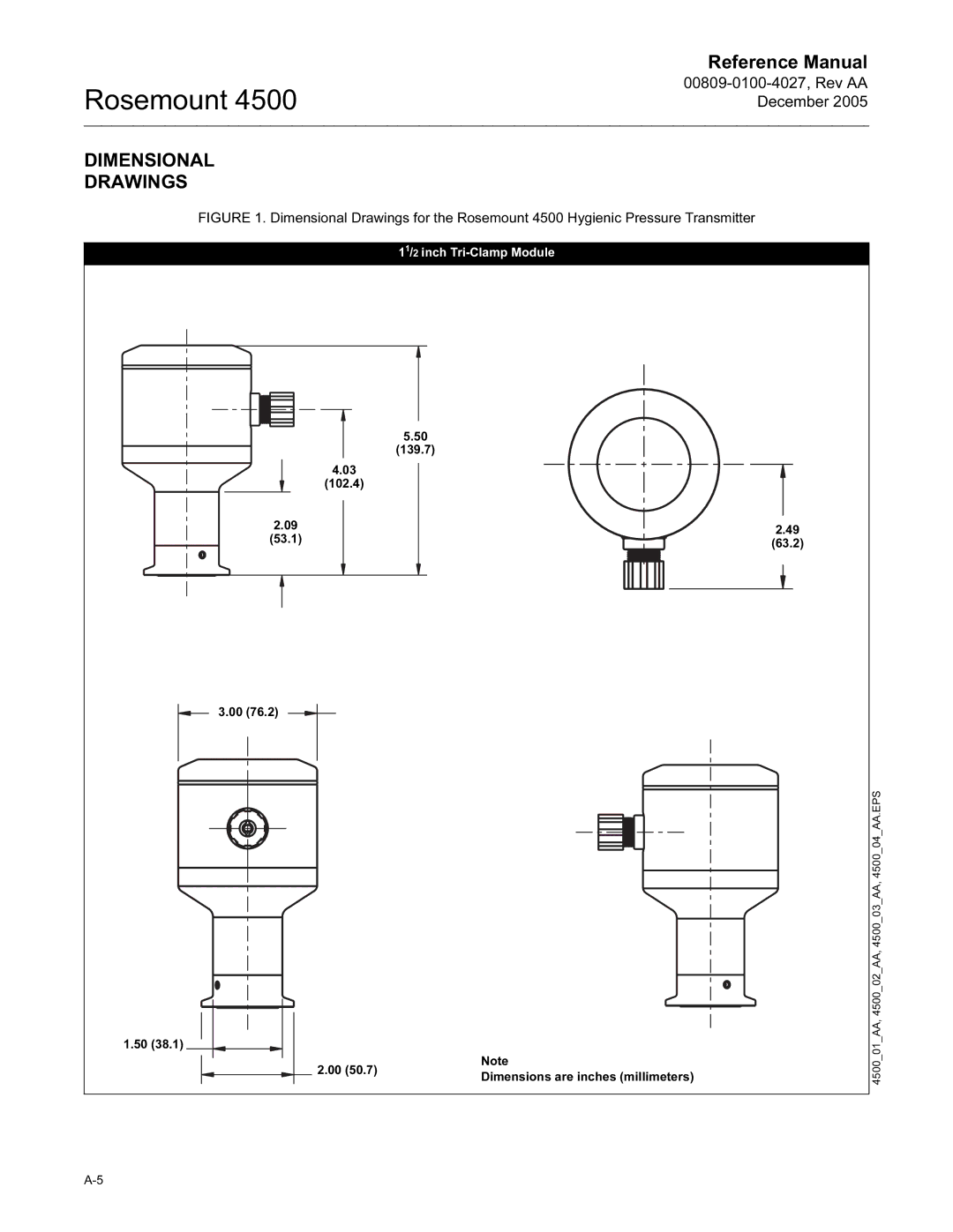 Emerson 4500 manual Dimensional Drawings, 11/2 inch Tri-Clamp Module 