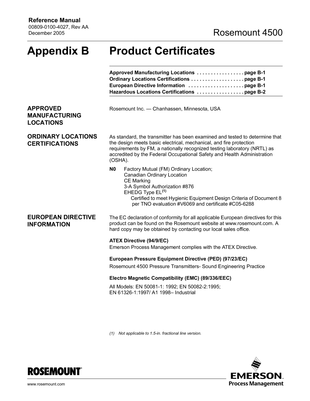 Emerson 4500 manual Appendix B Product Certificates 