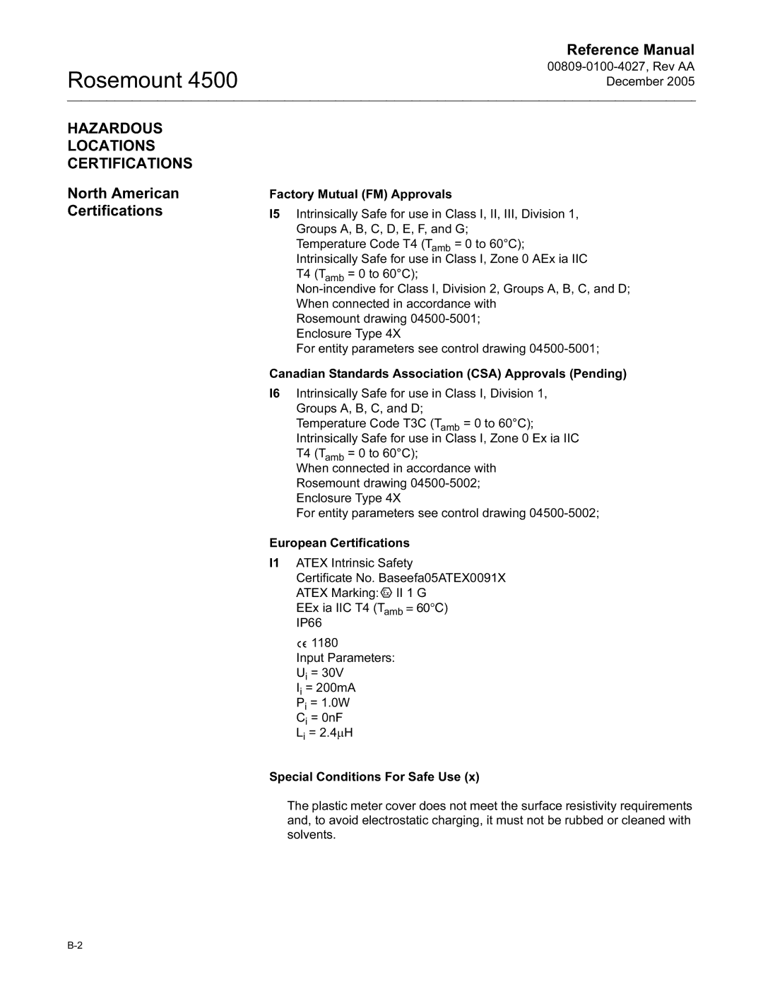 Emerson 4500 manual Hazardous Locations Certifications, North American Certifications 