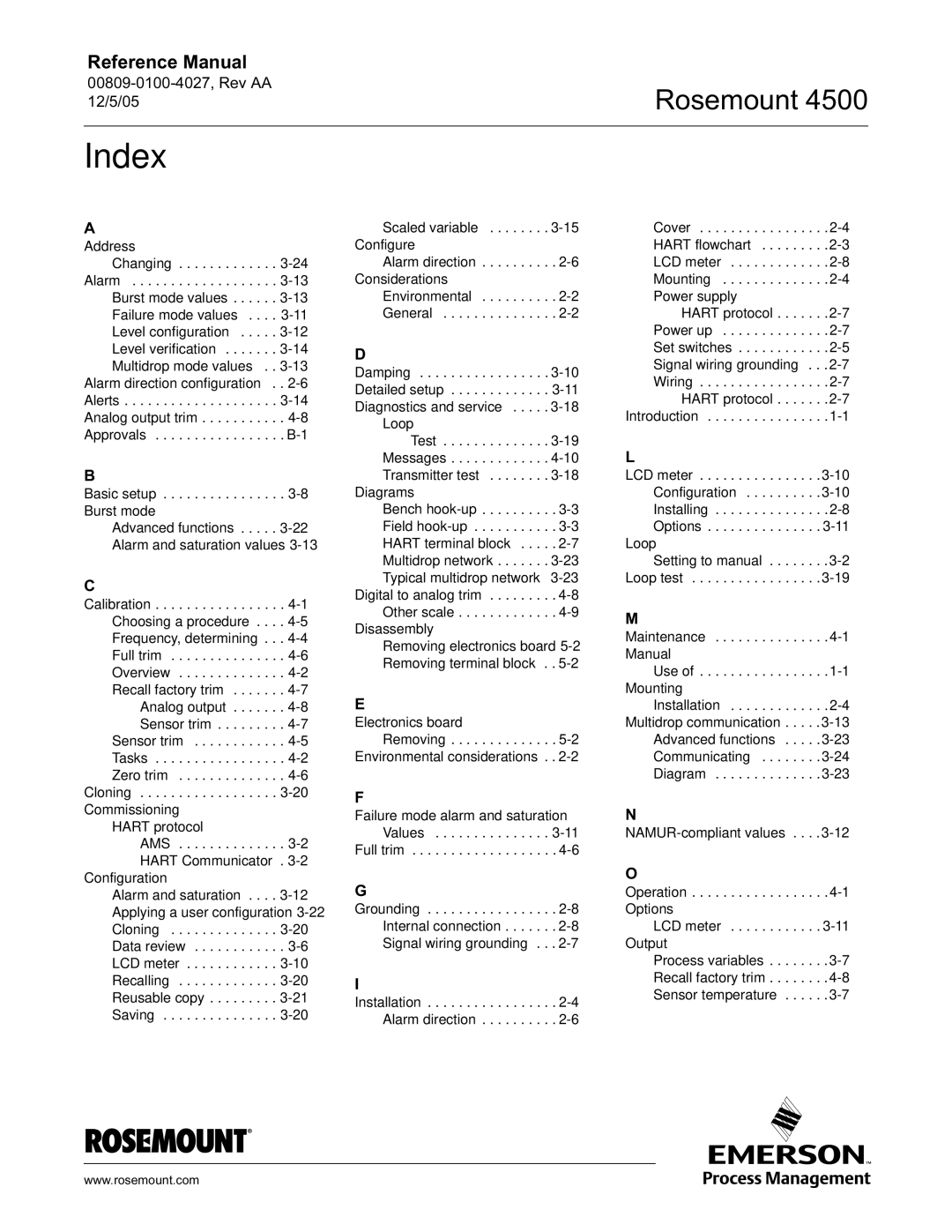 Emerson 4500 manual Index 