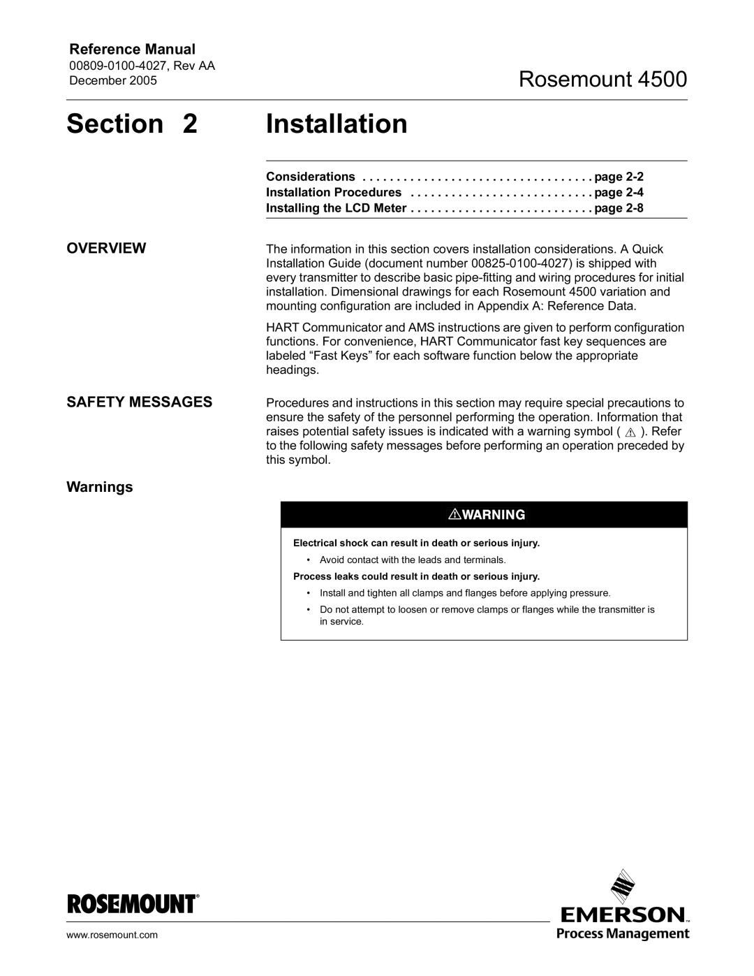 Emerson 4500 manual Section Installation, Overview Safety Messages 