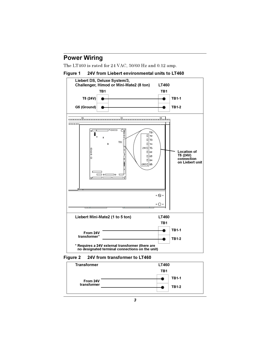 Emerson installation manual Power Wiring, LT460 is rated for 24 VAC, 50/60 Hz and 0.12 amp 