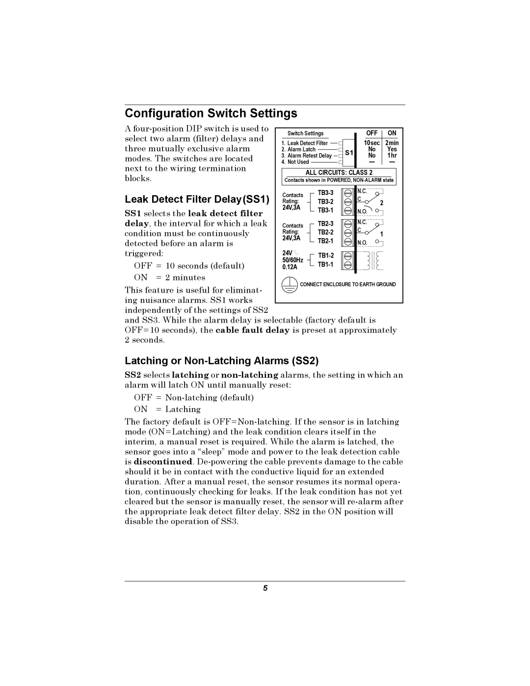 Emerson 460 Configuration Switch Settings, Leak Detect Filter DelaySS1, Latching or Non-LatchingAlarms SS2 
