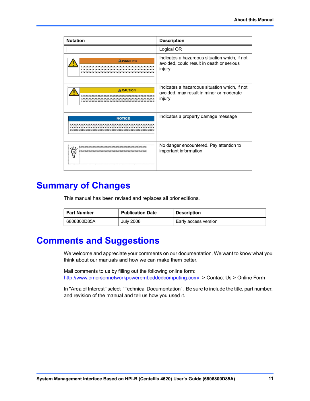 Emerson 4620 manual Summary of Changes, Comments and Suggestions, About this Manual Notation Description 