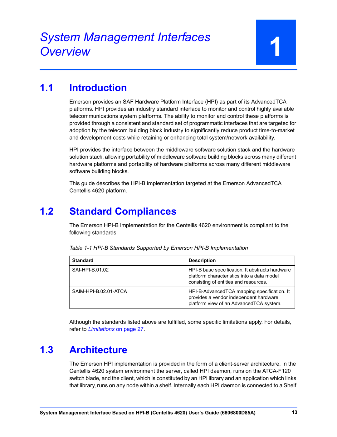 Emerson 4620 manual System Management Interfaces Overview, Introduction, Standard Compliances, Architecture 