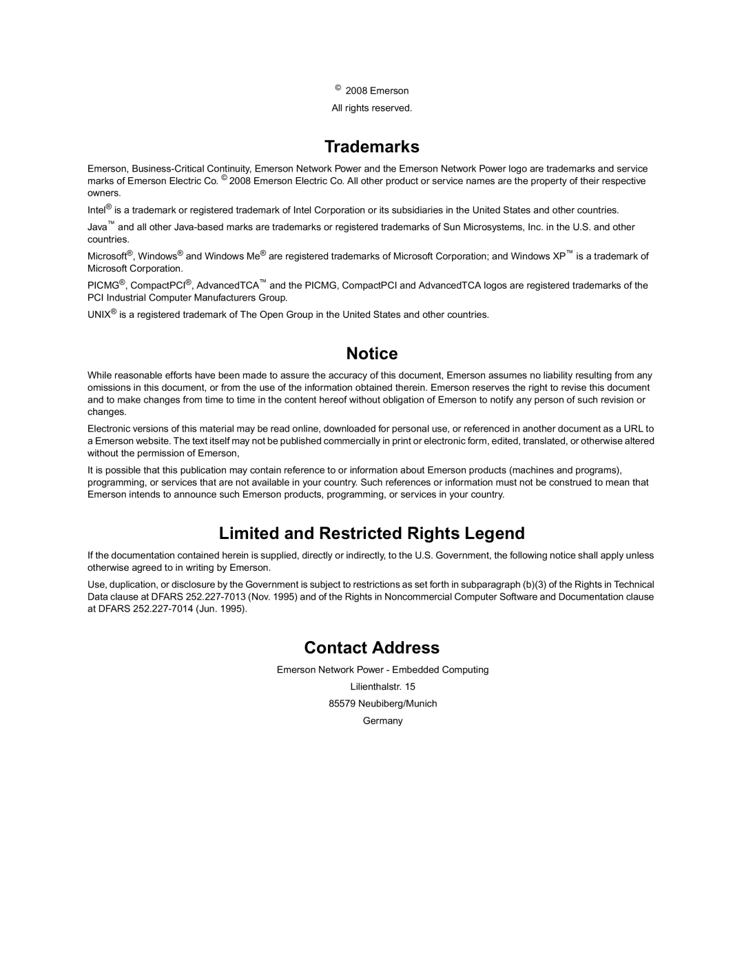 Emerson 4620 manual Contact Address 