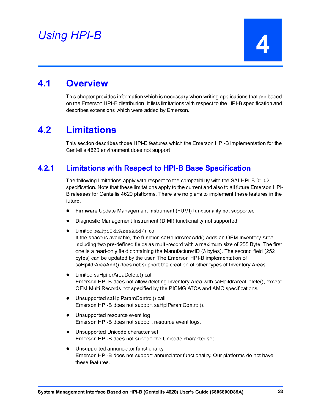 Emerson 4620 manual Using HPI-B, Limitations with Respect to HPI-B Base Specification 