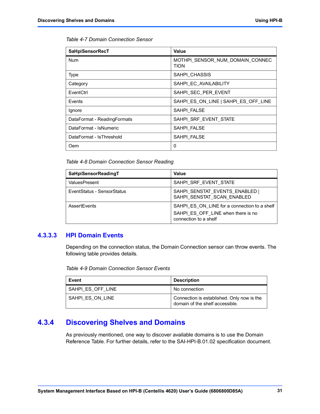 Emerson 4620 manual Discovering Shelves and Domains, Domain Connection Sensor Reading, Domain Connection Sensor Events 