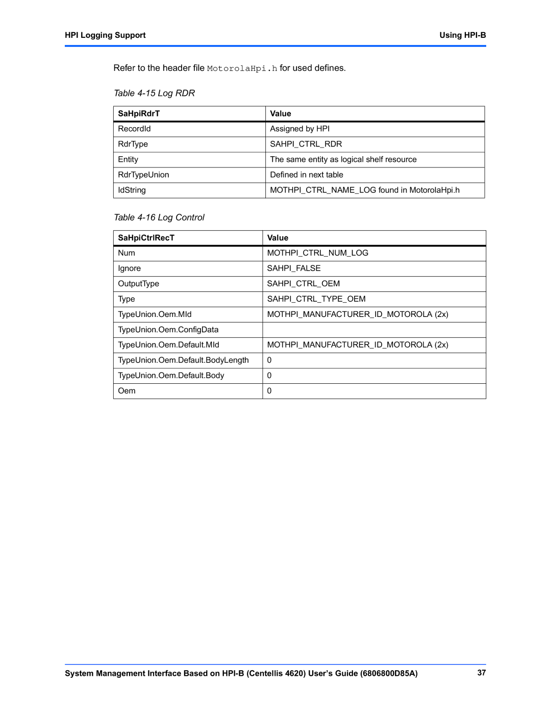 Emerson 4620 manual Log RDR, Log Control, HPI Logging Support Using HPI-B 