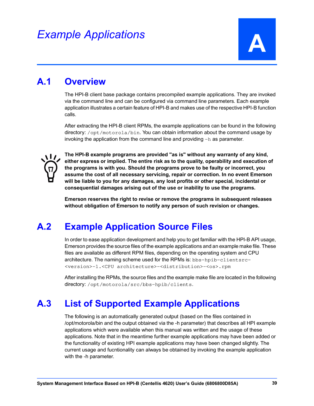 Emerson 4620 manual Example Application Source Files, List of Supported Example Applications 