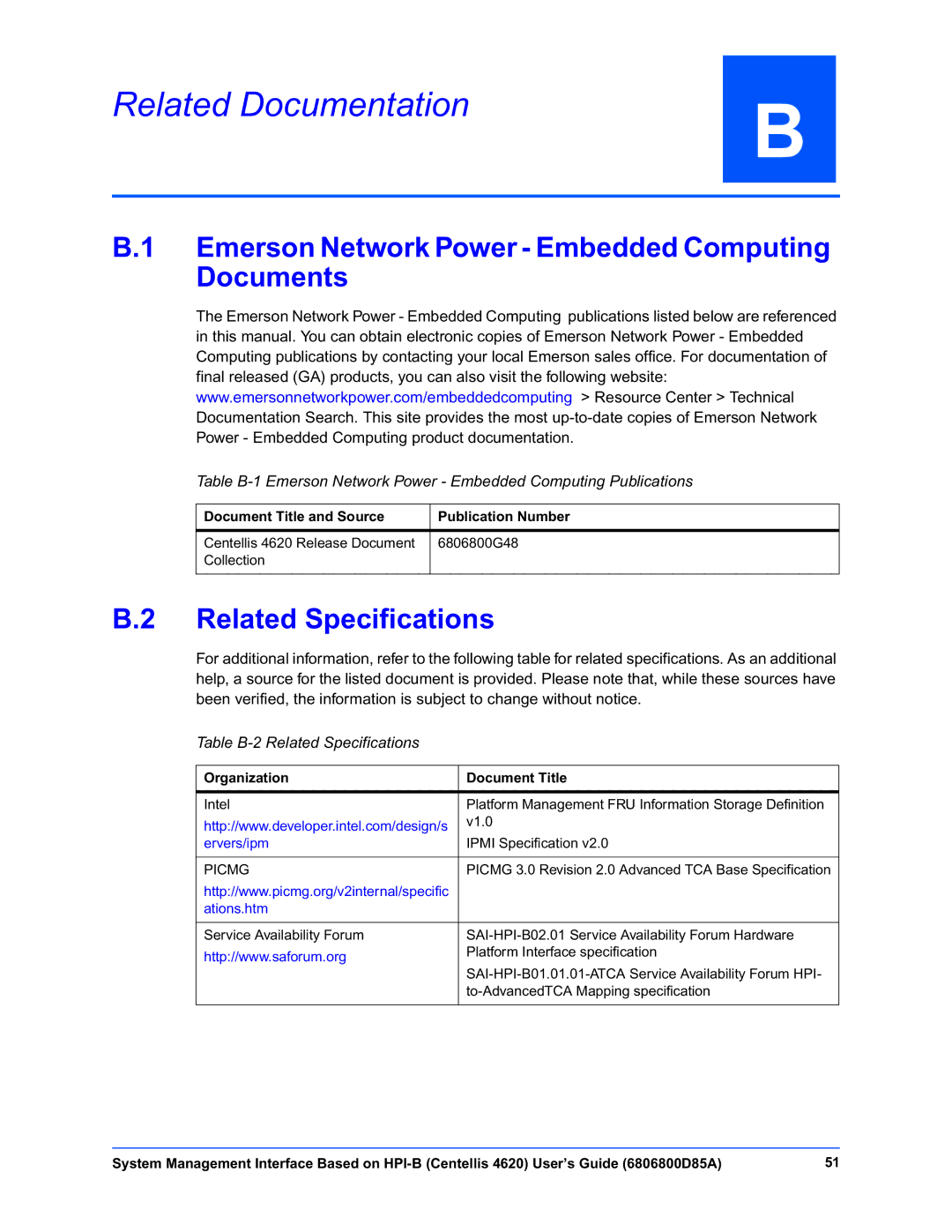 Emerson 4620 manual Related Documentation, Emerson Network Power Embedded Computing Documents, Related Specifications 