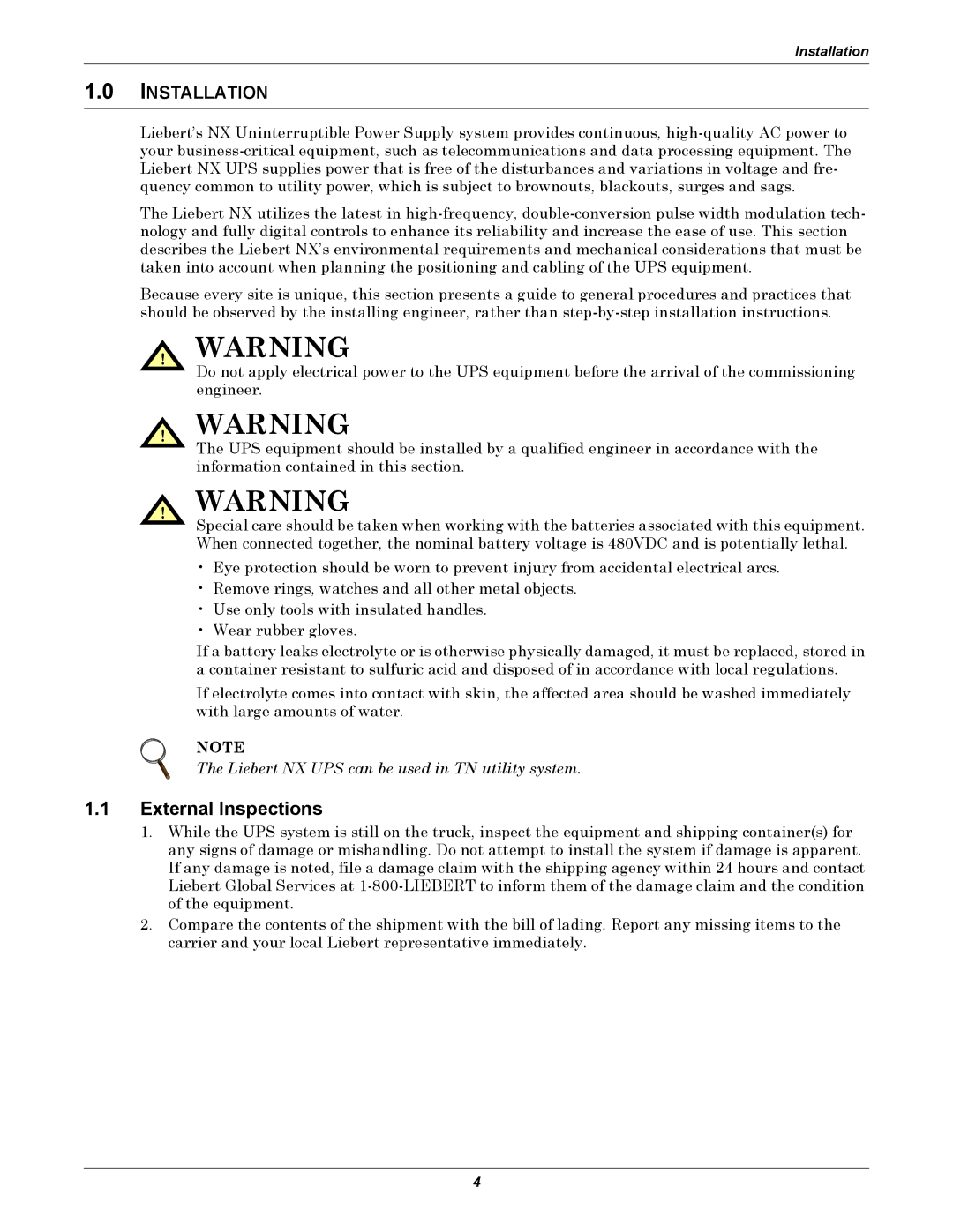 Emerson 480V user manual External Inspections, Installation 