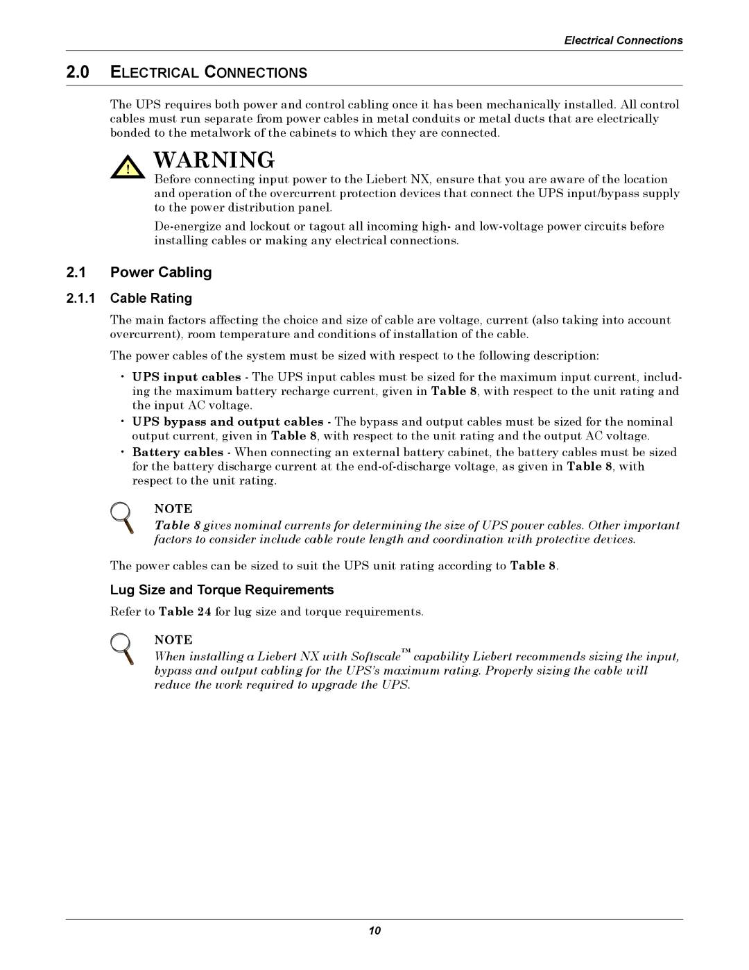 Emerson 480V user manual Power Cabling, Cable Rating, Lug Size and Torque Requirements 