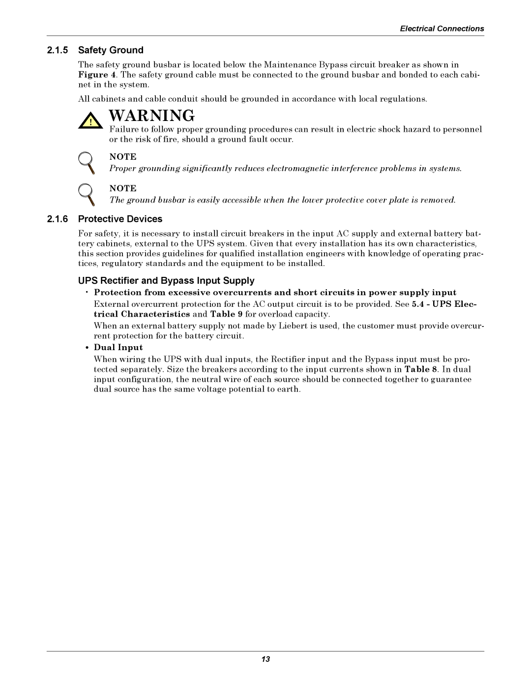 Emerson 480V user manual Safety Ground, Protective Devices, UPS Rectifier and Bypass Input Supply 