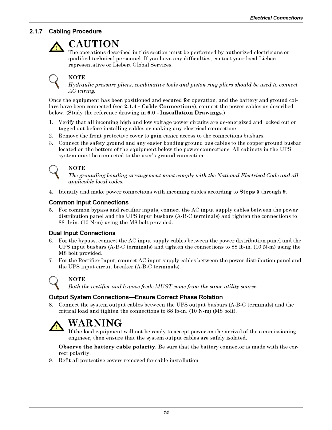 Emerson 480V user manual Cabling Procedure, Common Input Connections, Dual Input Connections 