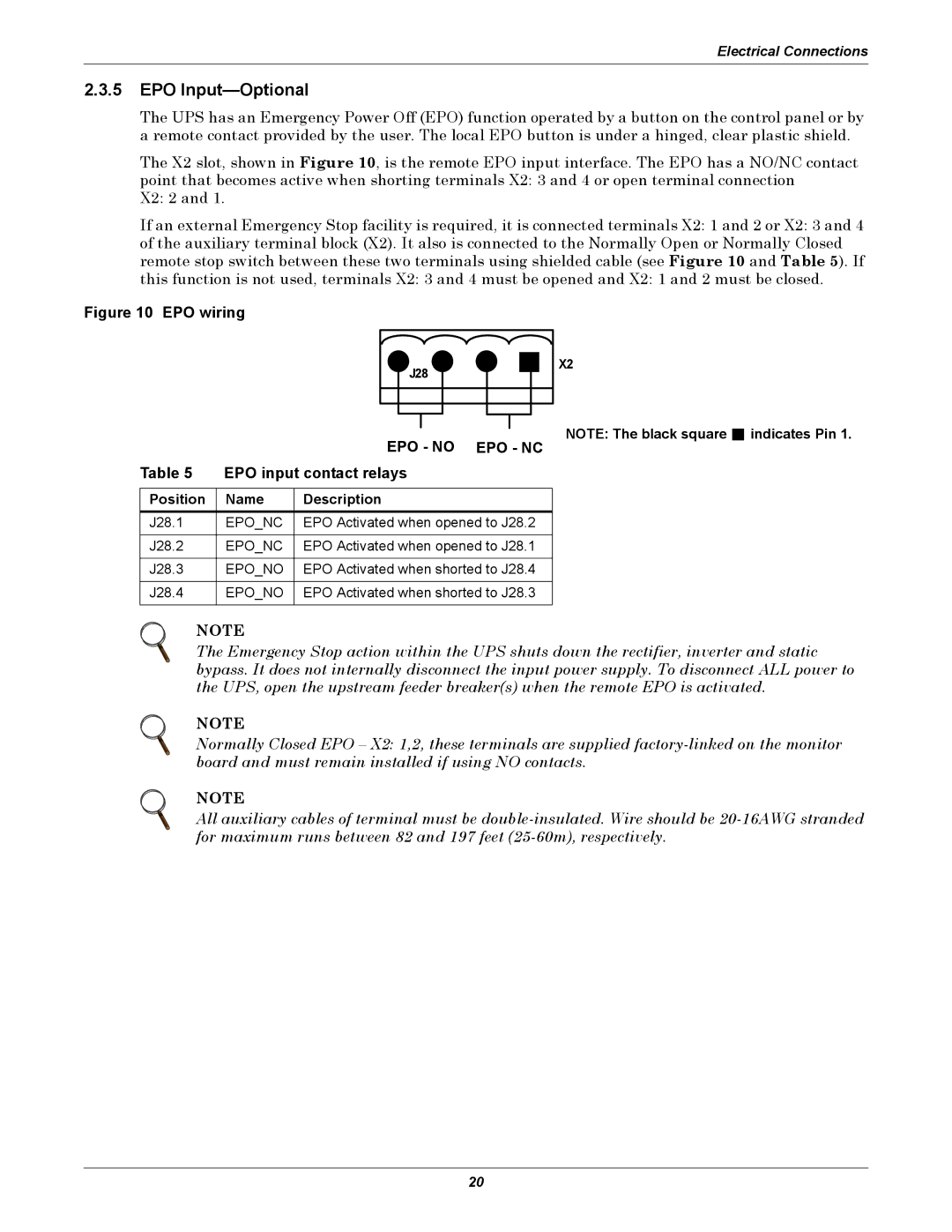 Emerson 480V user manual EPO Input-Optional, EPO input contact relays, Indicates Pin 