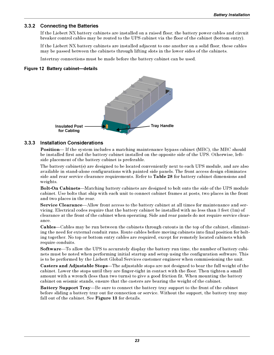 Emerson 480V user manual Connecting the Batteries, Installation Considerations, Insulated Post Tray Handle For Cabling 