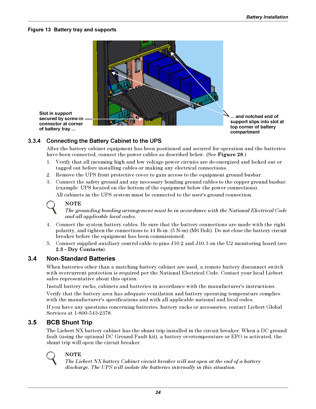 Emerson 480V user manual Non-Standard Batteries, BCB Shunt Trip, Connecting the Battery Cabinet to the UPS 