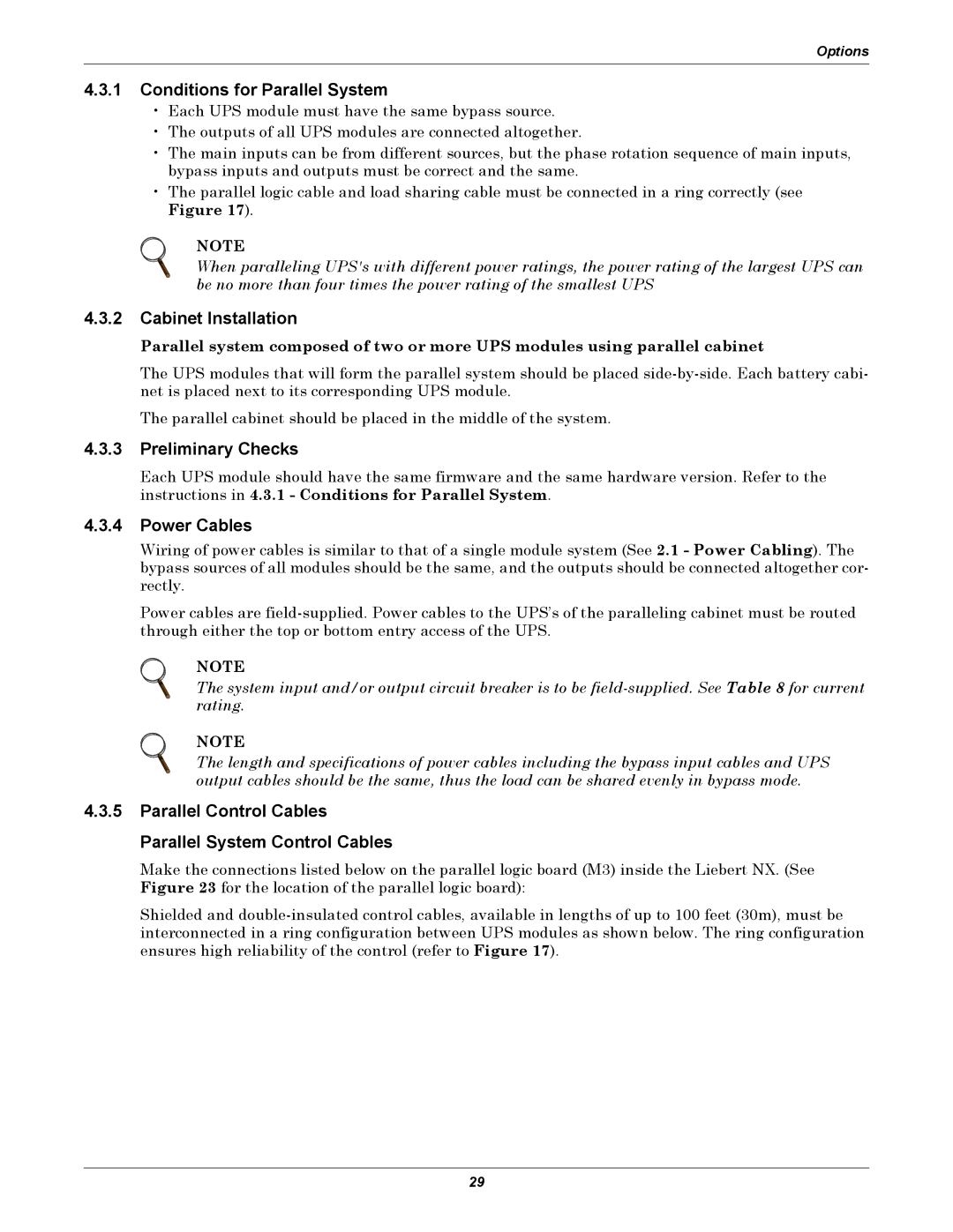 Emerson 480V user manual Conditions for Parallel System, Cabinet Installation, Preliminary Checks, Power Cables 