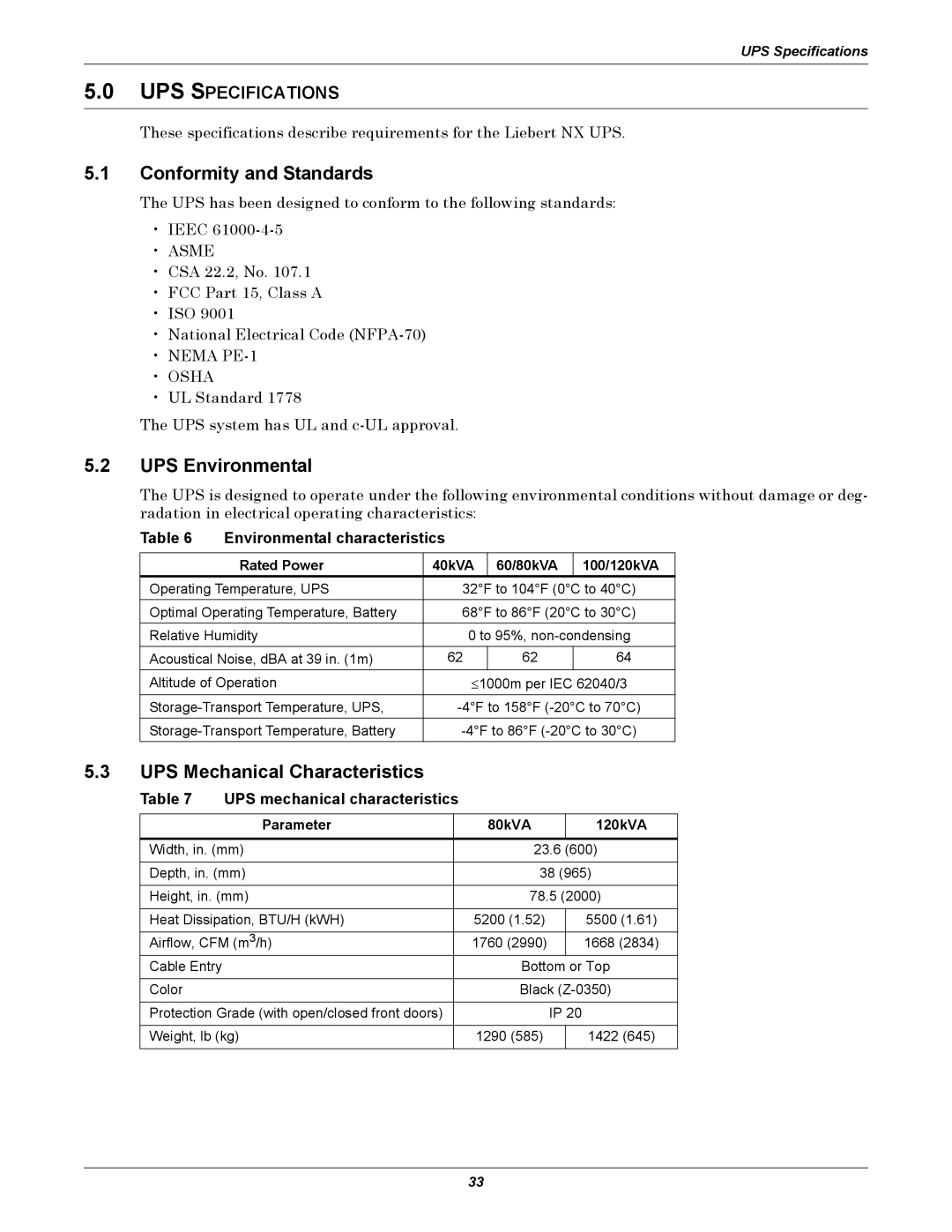 Emerson 480V Conformity and Standards, UPS Environmental, UPS Mechanical Characteristics, Environmental characteristics 