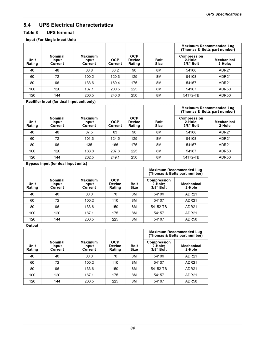 Emerson 480V user manual UPS Electrical Characteristics, UPS terminal 