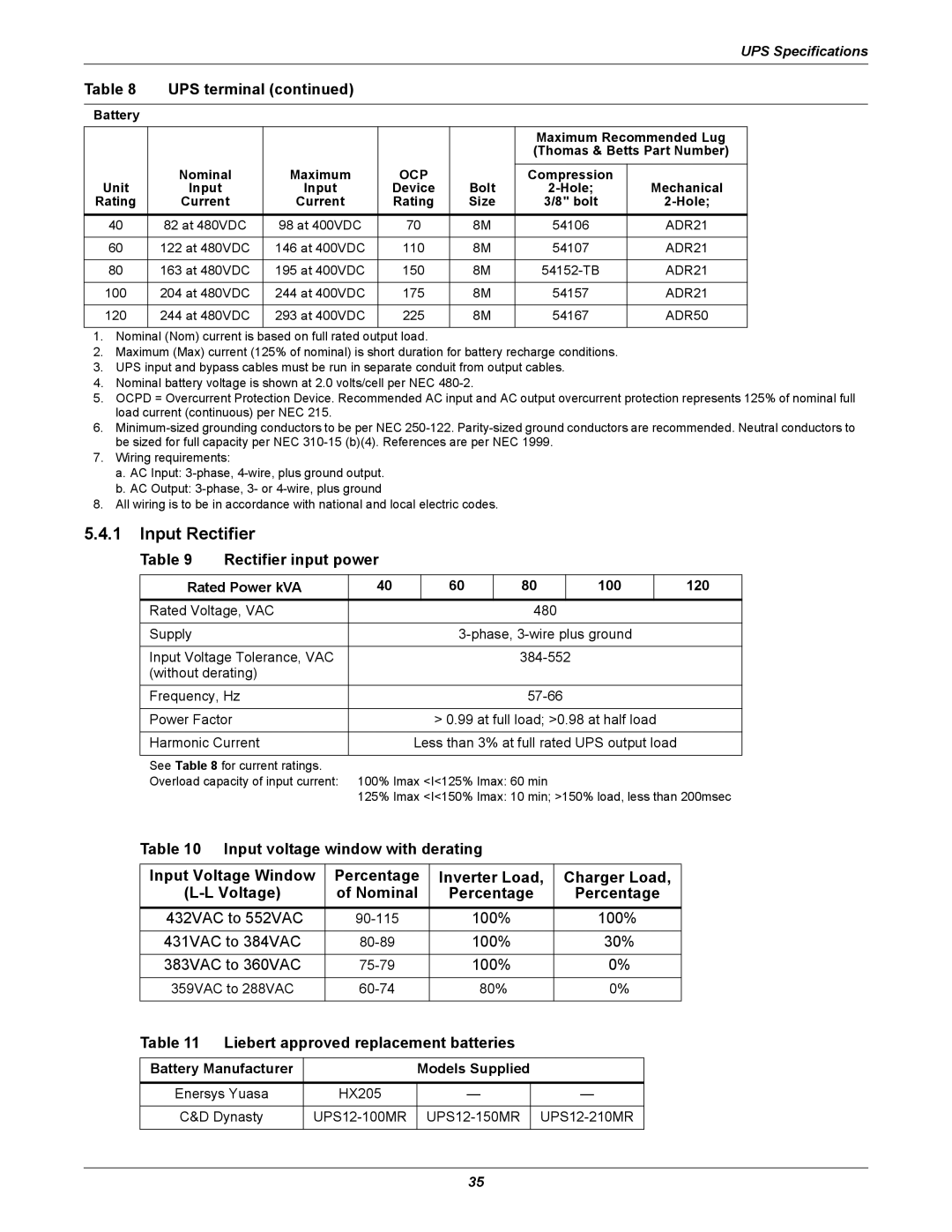 Emerson 480V Input Rectifier, Rectifier input power, Liebert approved replacement batteries, Rated Power kVA 100 120 