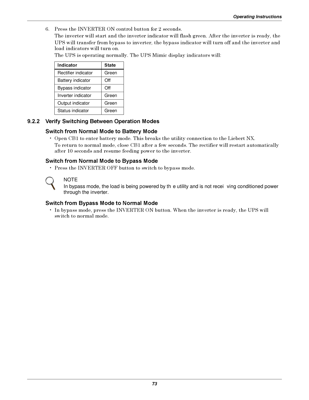 Emerson 480V user manual Switch from Normal Mode to Bypass Mode, Switch from Bypass Mode to Normal Mode 