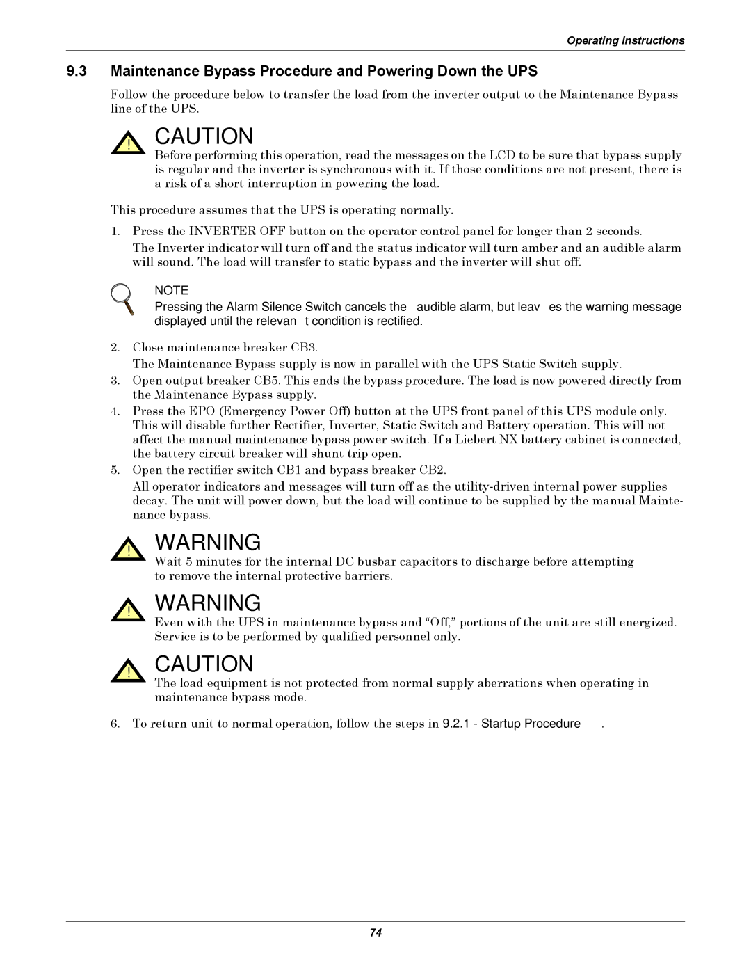 Emerson 480V user manual Maintenance Bypass Procedure and Powering Down the UPS 