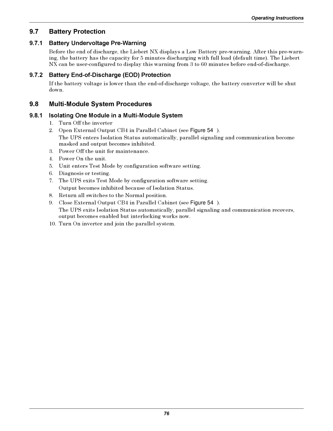 Emerson 480V user manual Battery Protection, Multi-Module System Procedures, Battery Undervoltage Pre-Warning 