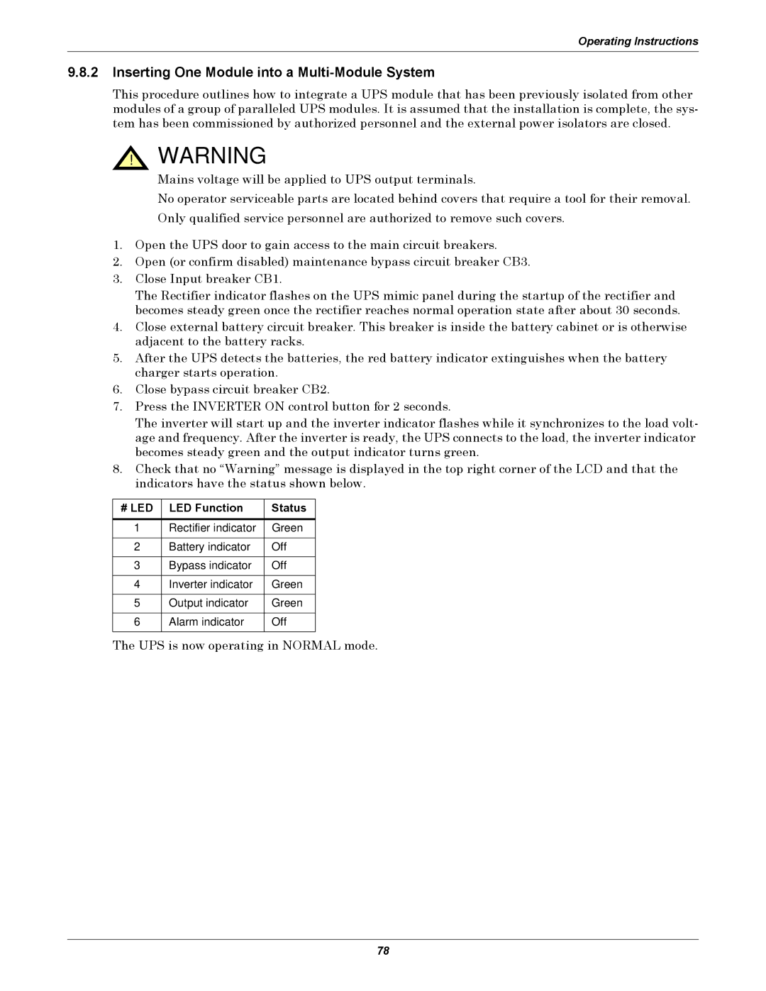 Emerson 480V user manual Inserting One Module into a Multi-Module System, LED Function Status 