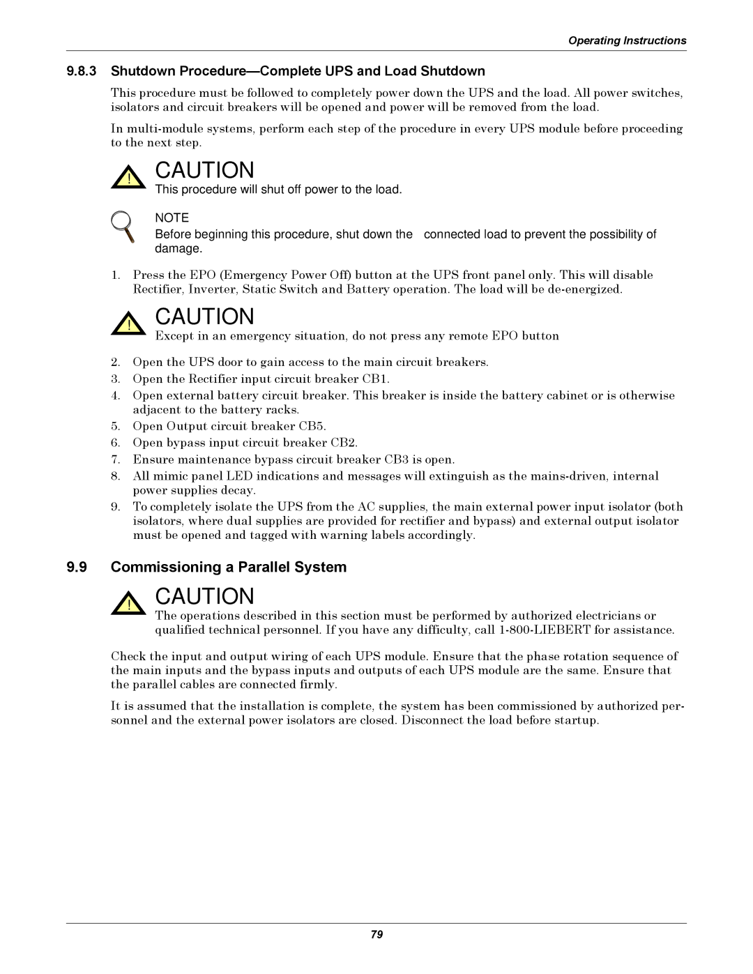 Emerson 480V user manual Commissioning a Parallel System, Shutdown Procedure-Complete UPS and Load Shutdown 