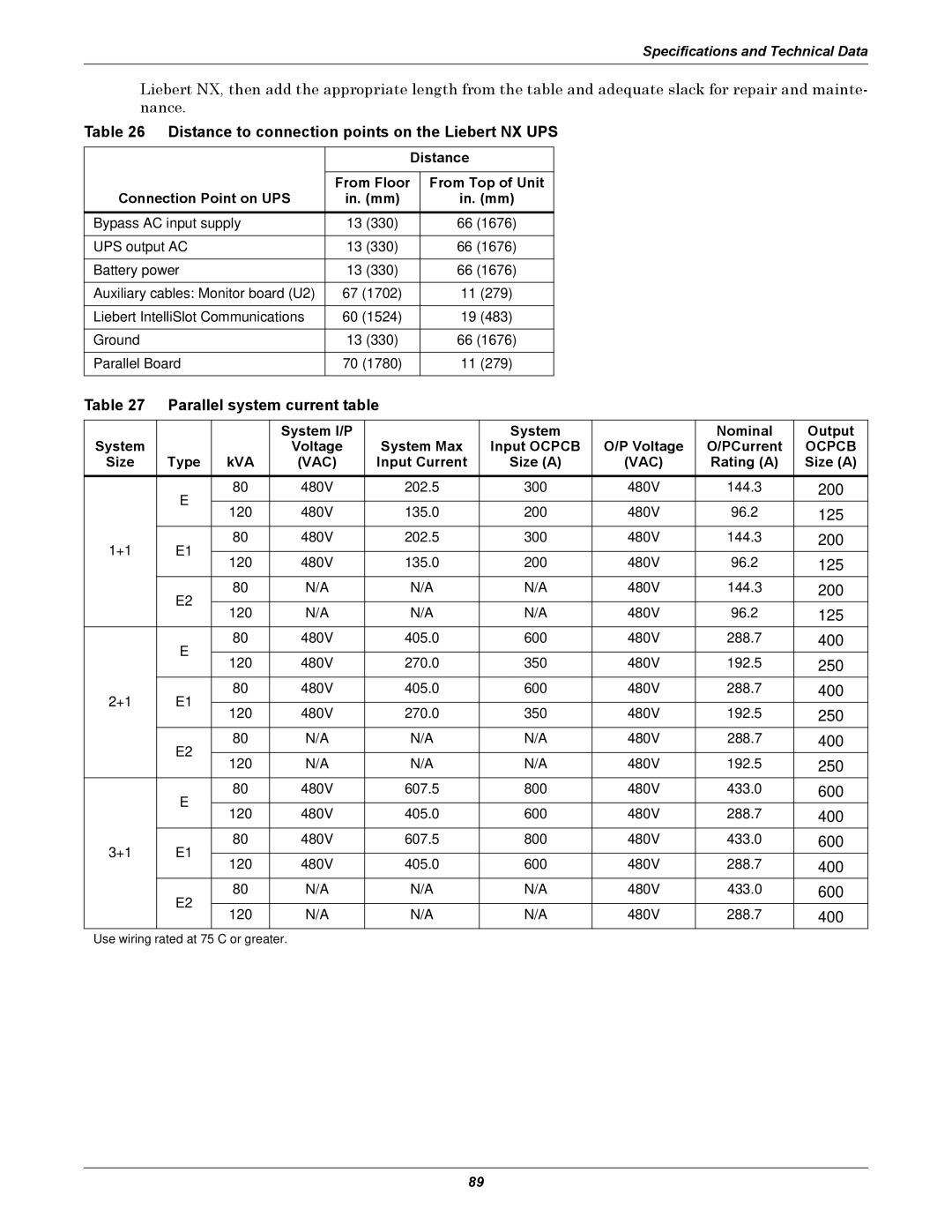 Emerson 480V user manual Distance to connection points on the Liebert NX UPS, Parallel system current table 