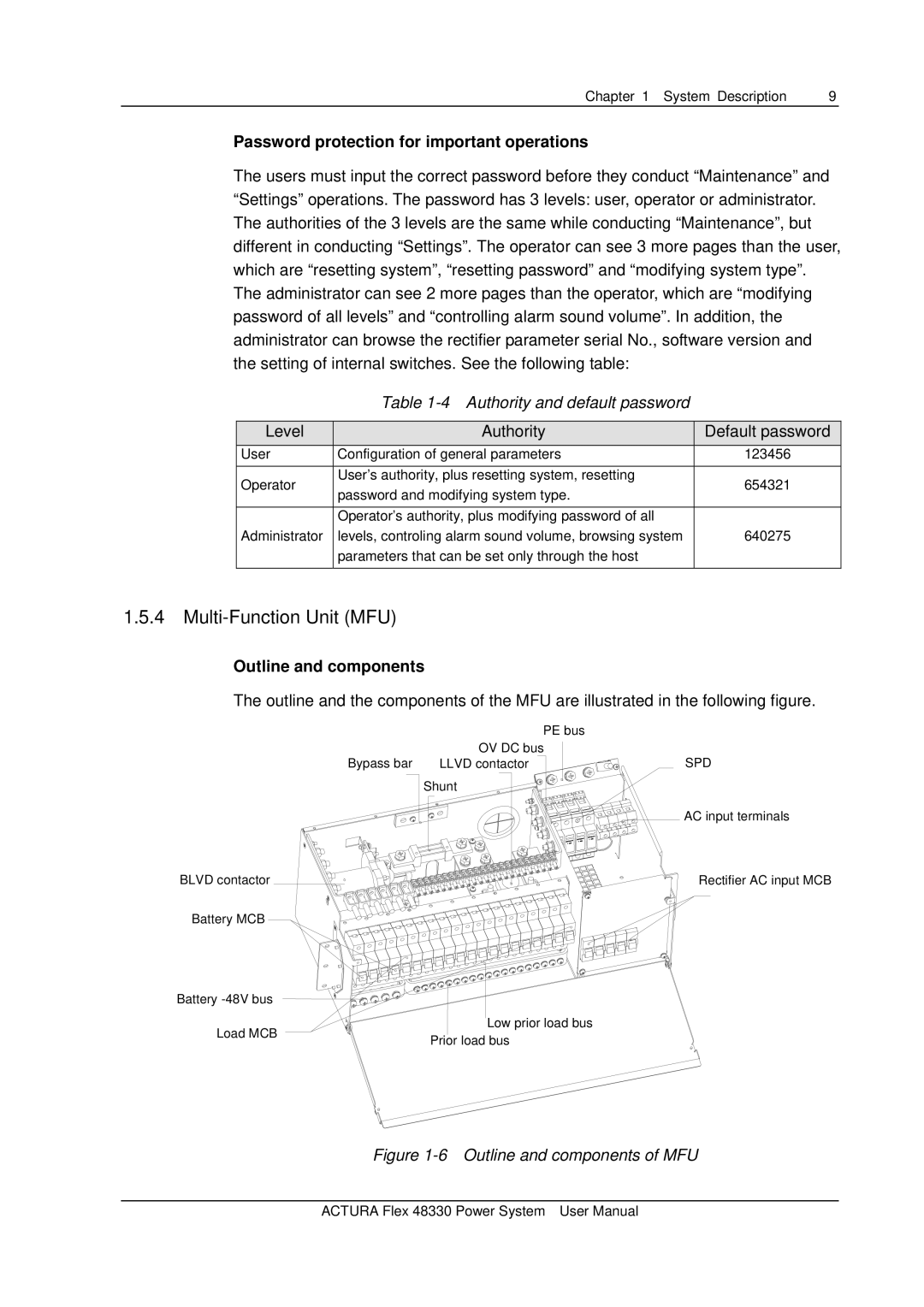 Emerson 48330 Multi-Function Unit MFU, Password protection for important operations, Authority and default password 