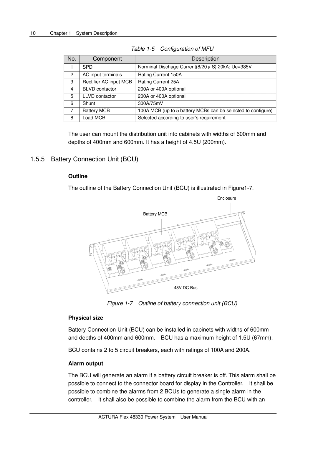 Emerson 48330 Battery Connection Unit BCU, Configuration of MFU, Component Description, Physical size, Alarm output 